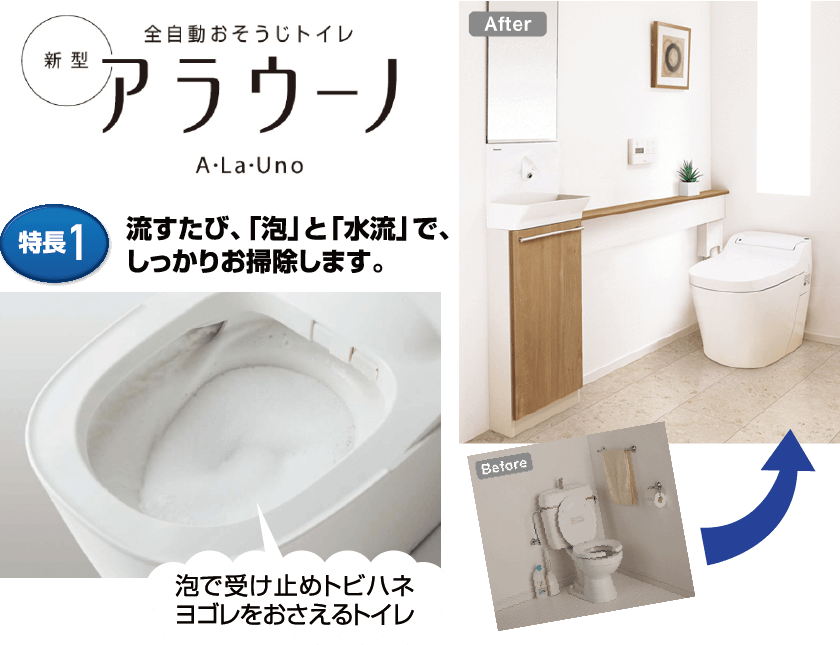 トイレぐんま.comイチオシのリフォームトイレ　流すたび、「泡」と「水流」で、しっかりお掃除します。